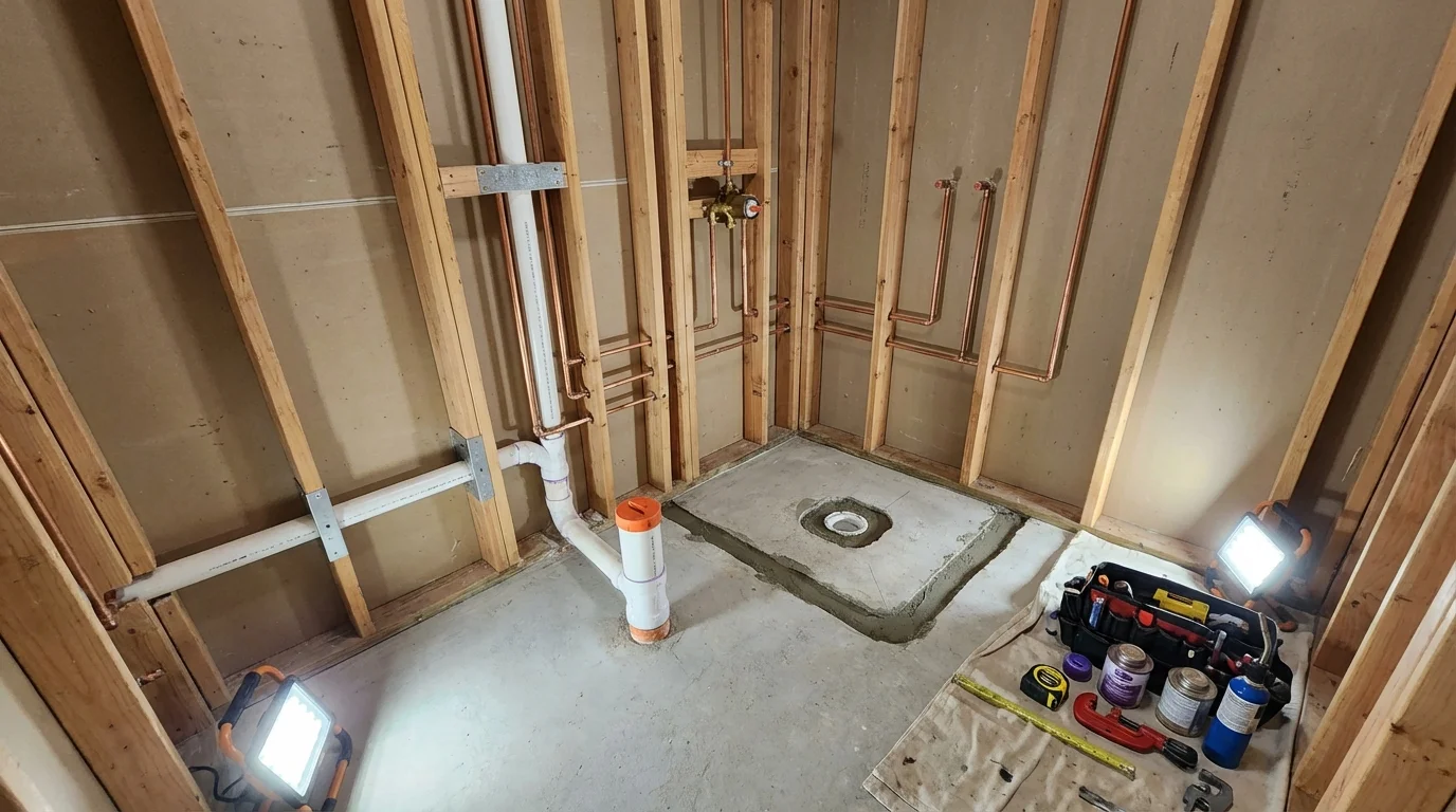 Bathroom rough-in plumbing during remodel by Johns Plumbing LLC in Clearlake Oaks