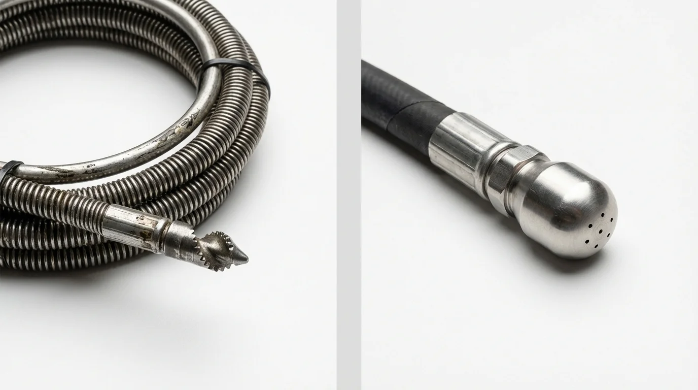 Drain snake cable and hydro jetting nozzle used for drain cleaning in Clearlake Oaks, CA