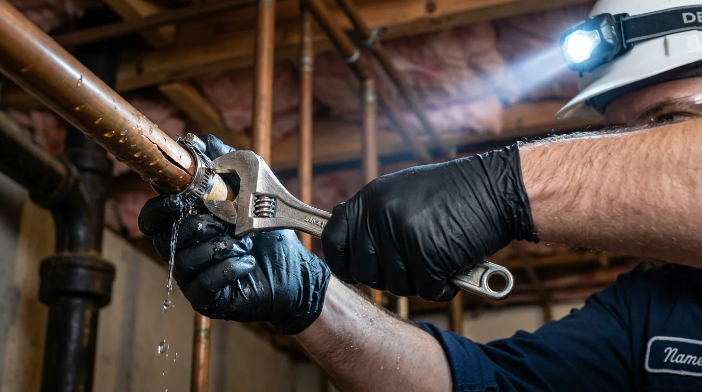 Emergency pipe clamp repair being performed by a Johns Plumbing LLC plumber in Clearlake Oaks