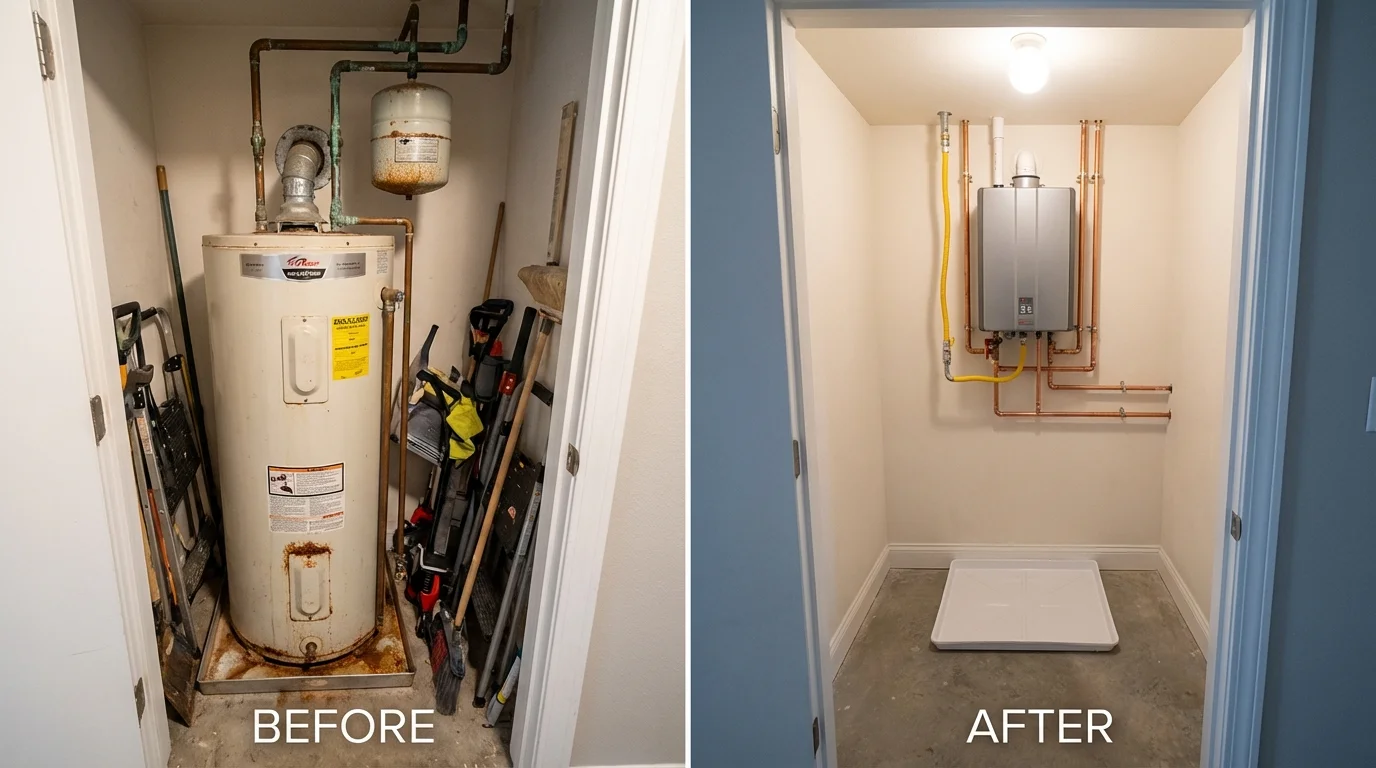 Tank water heater versus wall-mounted tankless unit comparison for Clearlake Oaks, CA homeowners
