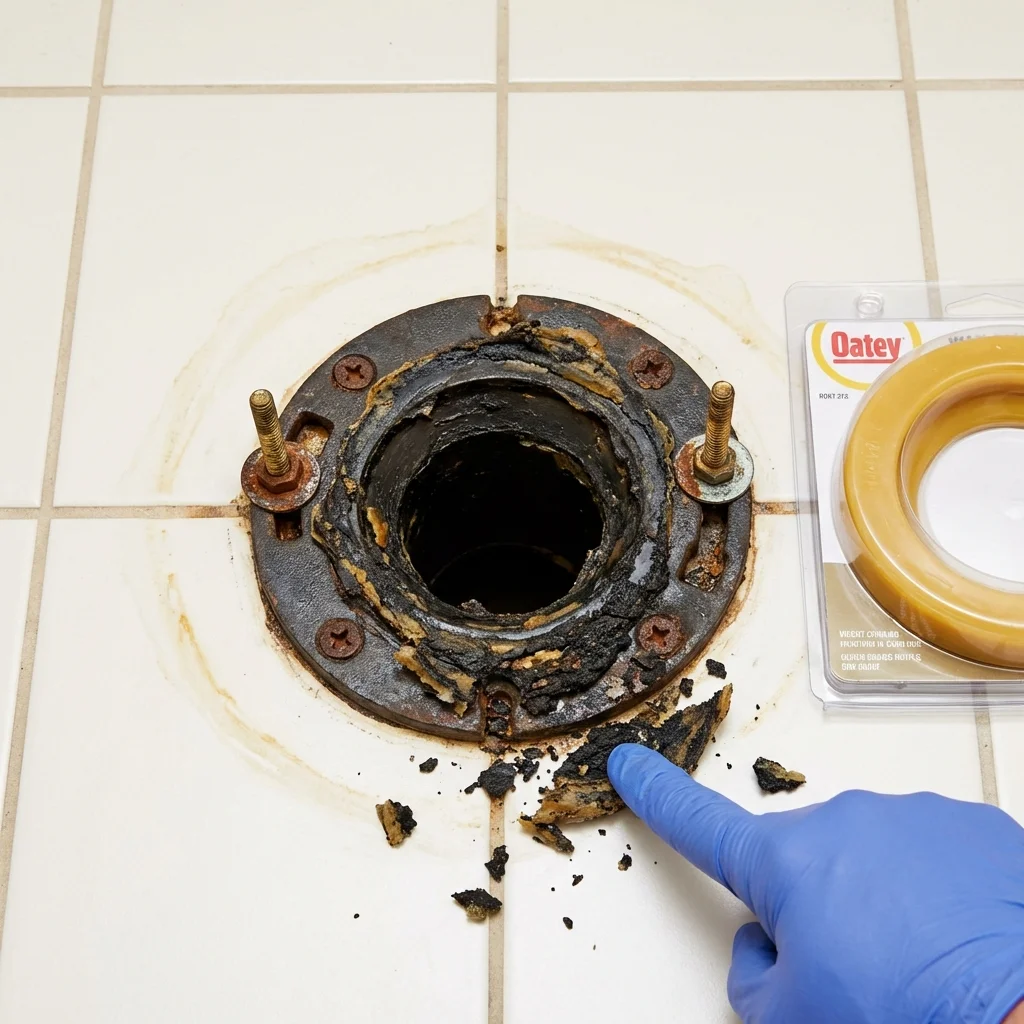 Failed wax ring showing water seepage at the base of a toilet in a Clearlake Oaks, CA home