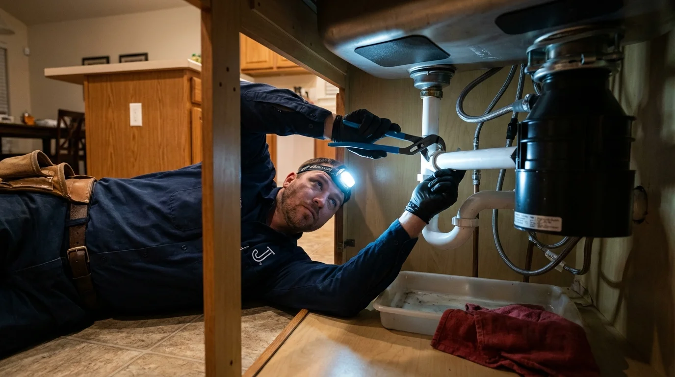 P-trap and supply line connections under a kitchen sink showing a common leak point in Clearlake Oaks, CA